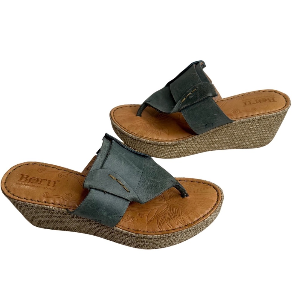 Born Handcrafted Footwear Teal Leather Wedge Thong Sandals Women Size 8 39